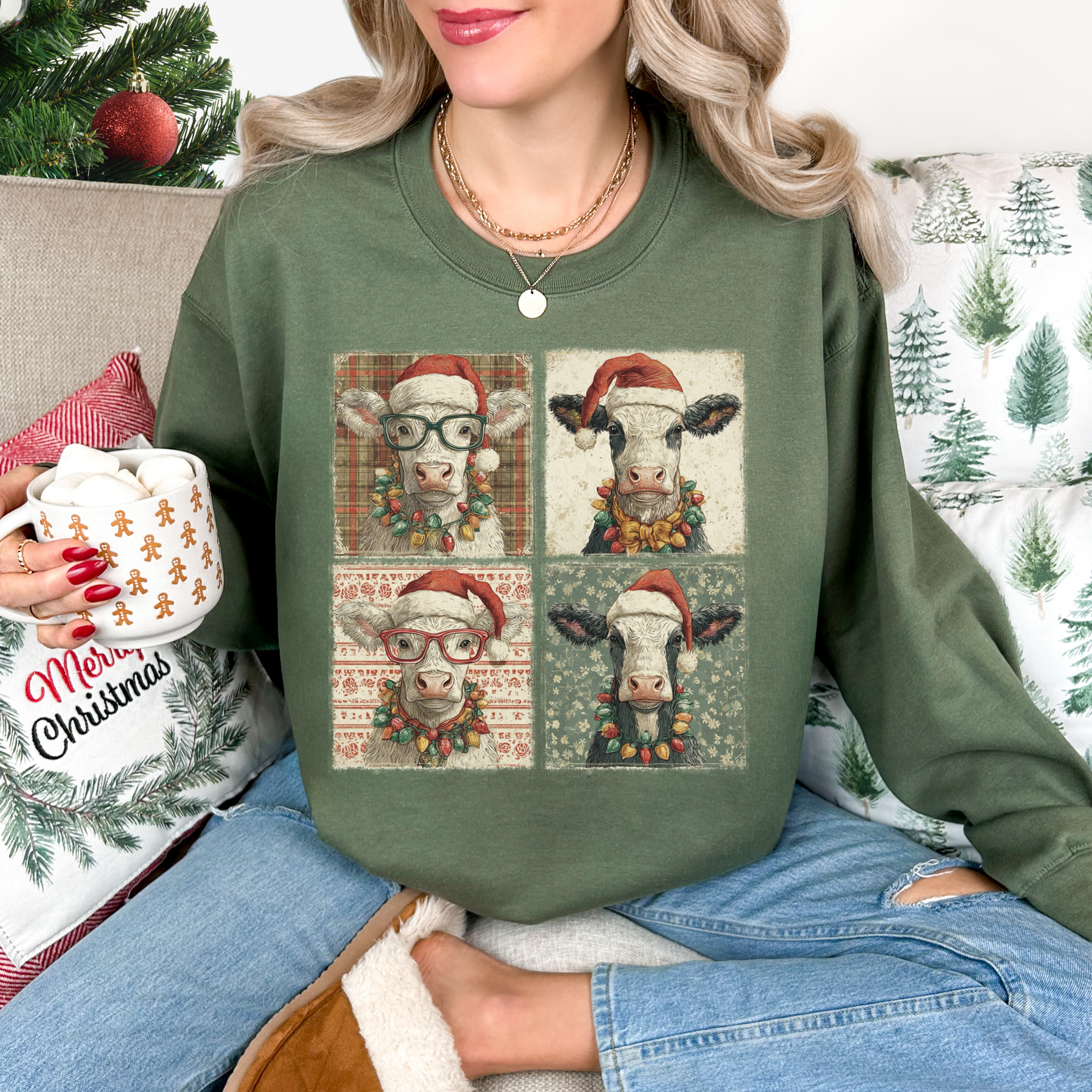 4 Squares Christas Cows Military Green Sweatshirt