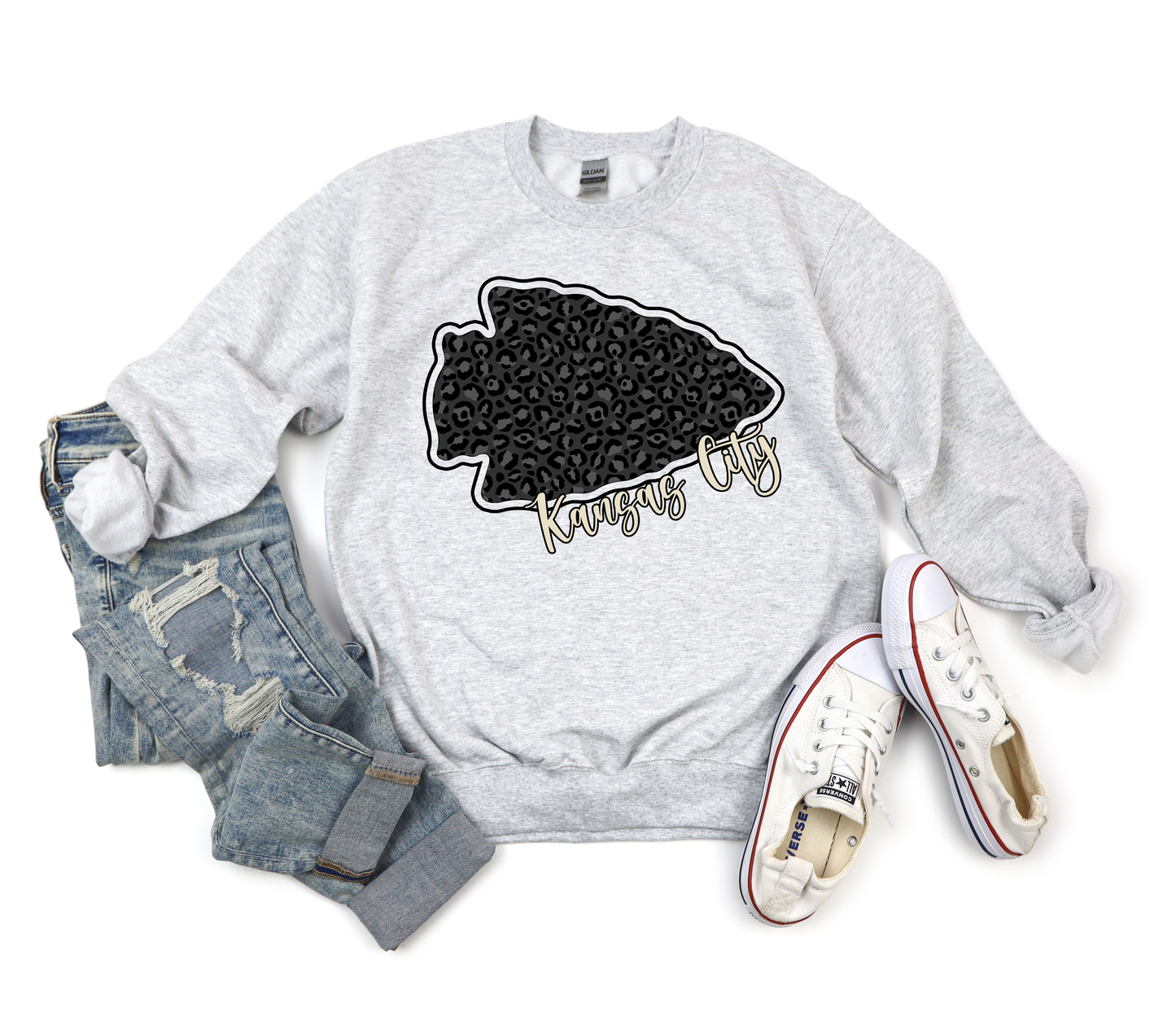***HALFTIME HAUL*** Black Leopard Arrowhead Kansas City Ash Sweatshirt