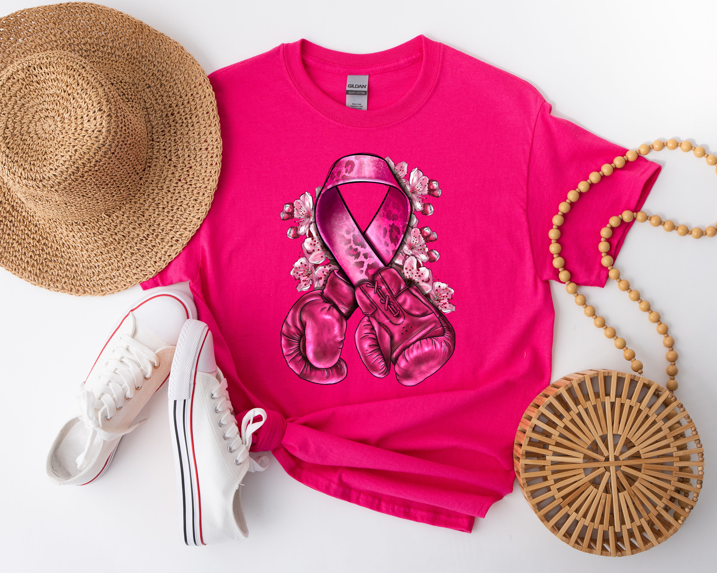 Breast Cancer Ribbon Boxing Gloves Dark Pink Tee