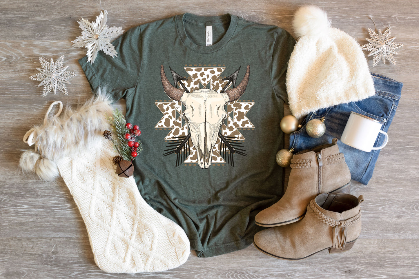 Cattle Skull Leopard Background Heather Forest Tee