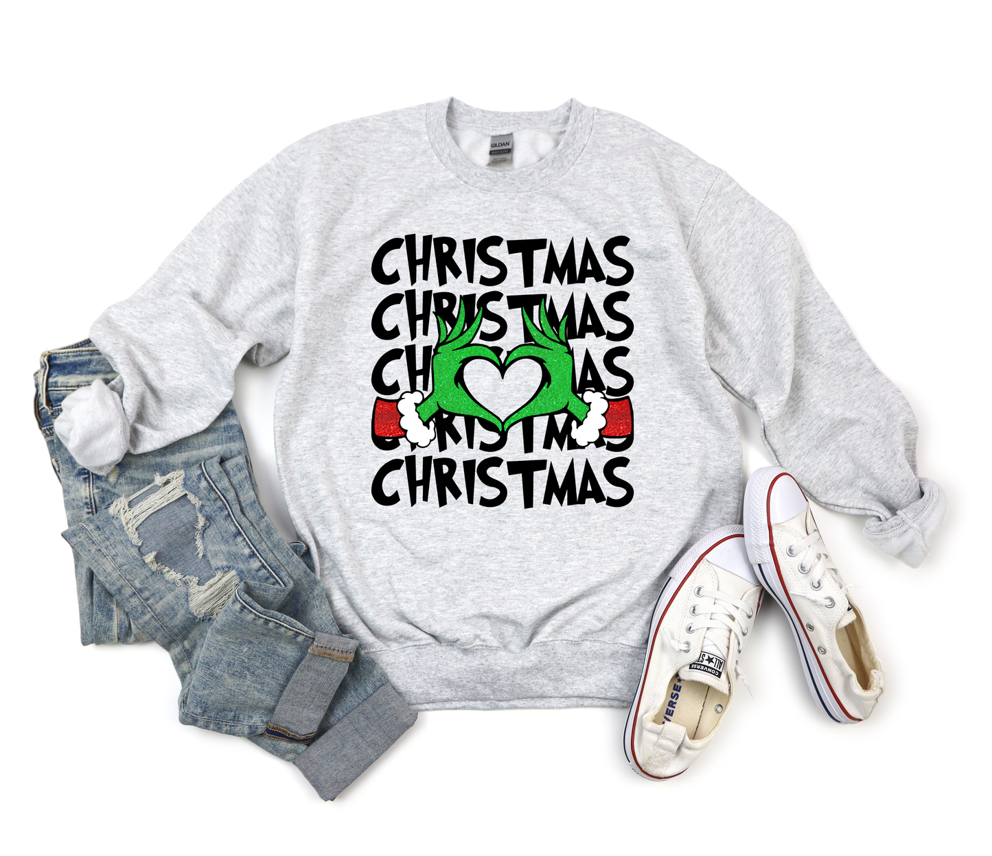 Christmas Repeat Heart Grinch Hands Ash Sweatshirt
