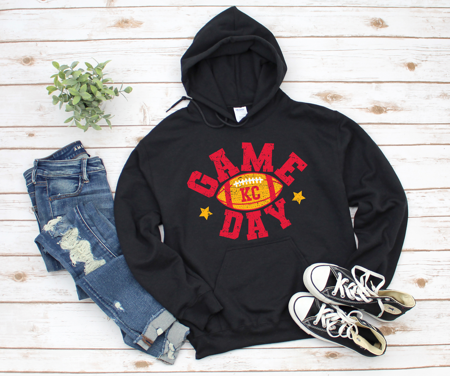 Distressed Red Game Day KC Football Black Hoodie