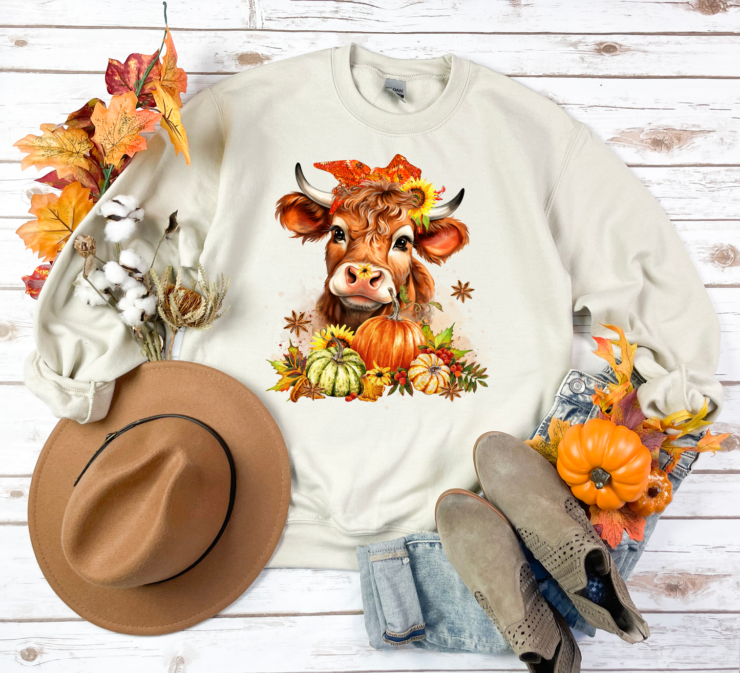 Fall Cow and Pumpkins Sand Sweatshirt