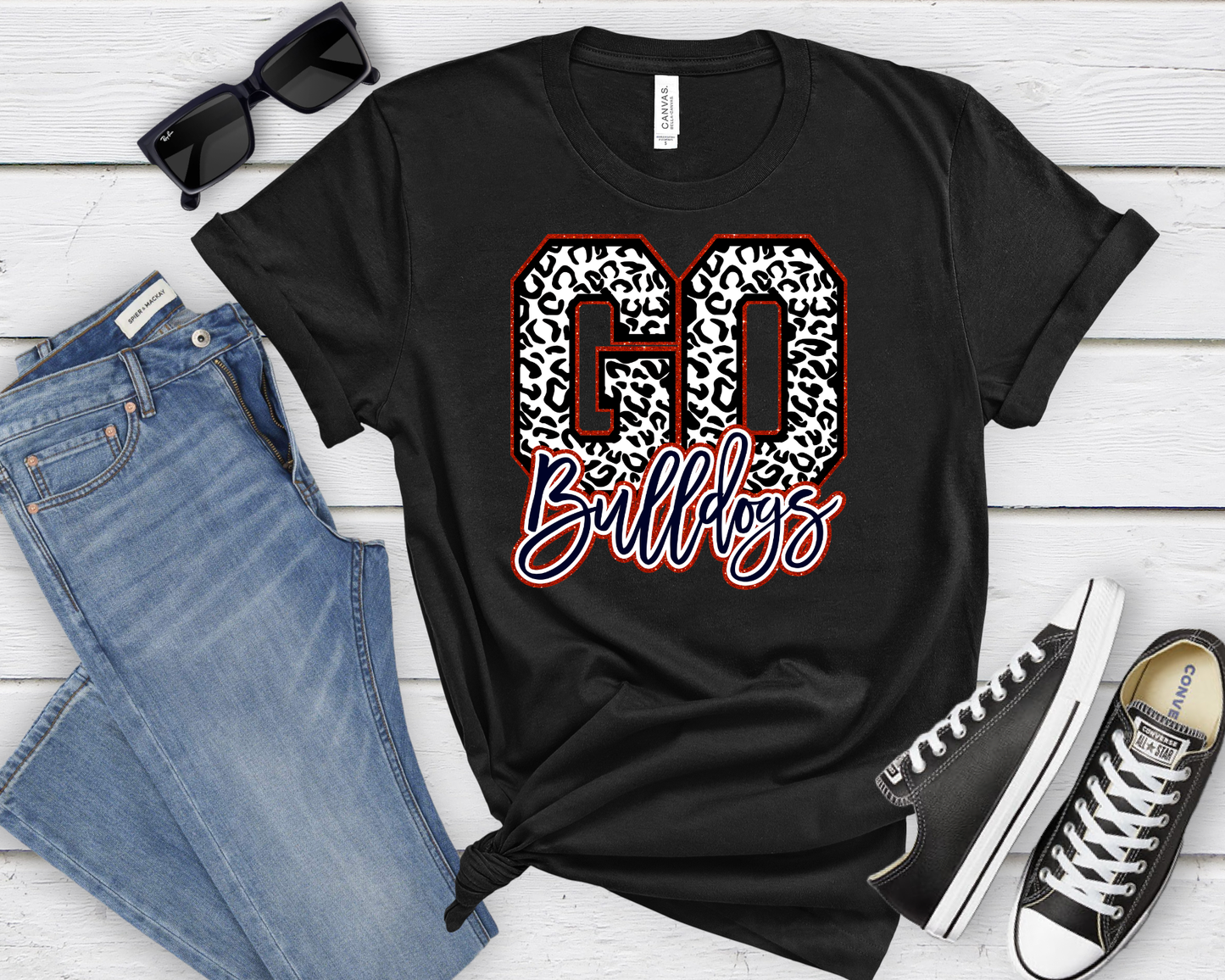 GO Bulldogs Black and Red Leopard Black Tee