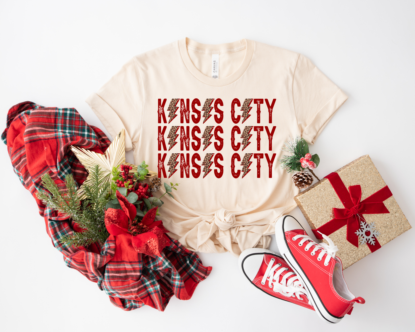 Kansas City Red & Leopard Repeat Ivory Tee