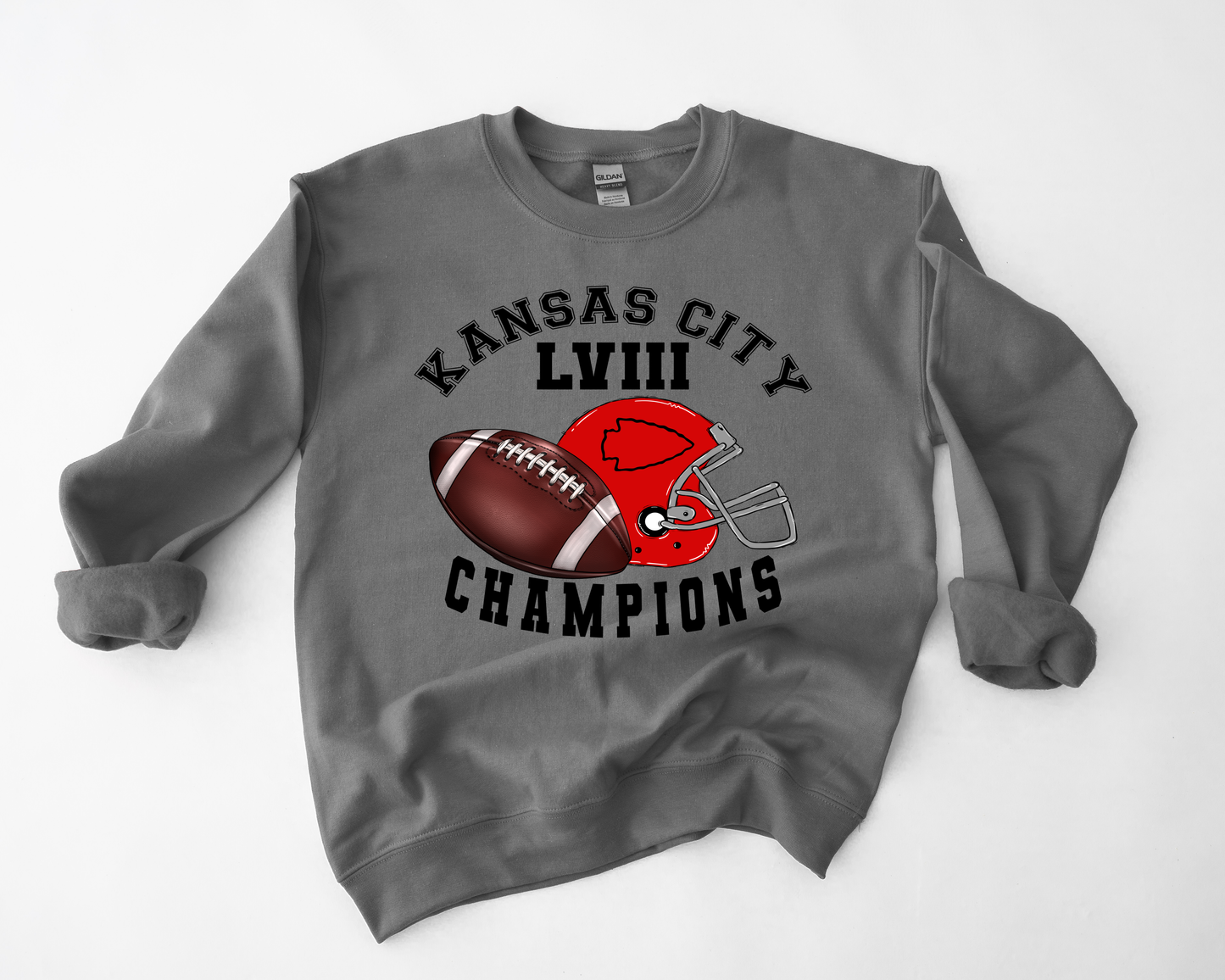 Kansas City LVIII Champions Football Helmet Charcoal Sweatshirt