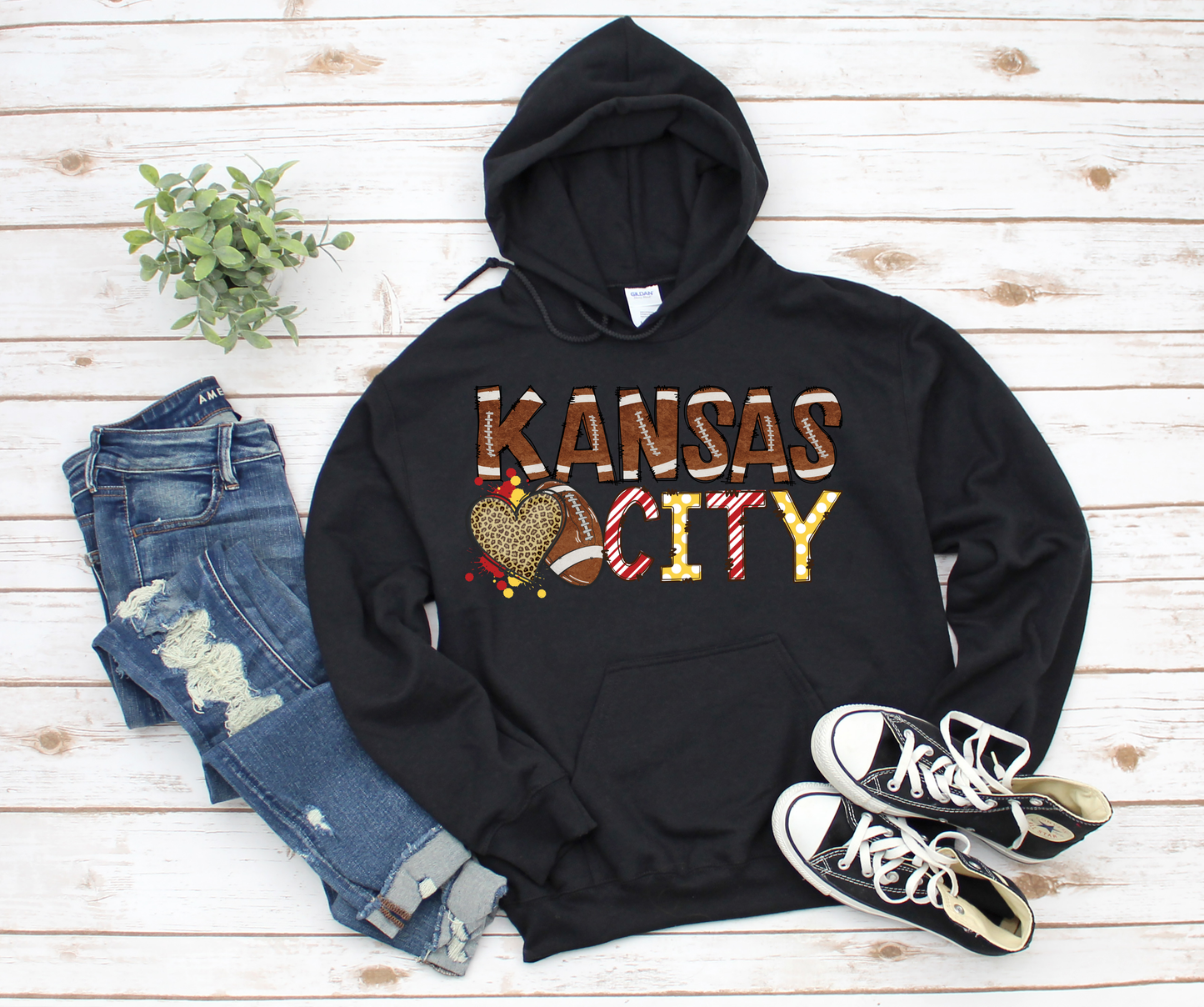Kansas City Leopard Heart Football Black Hoodie