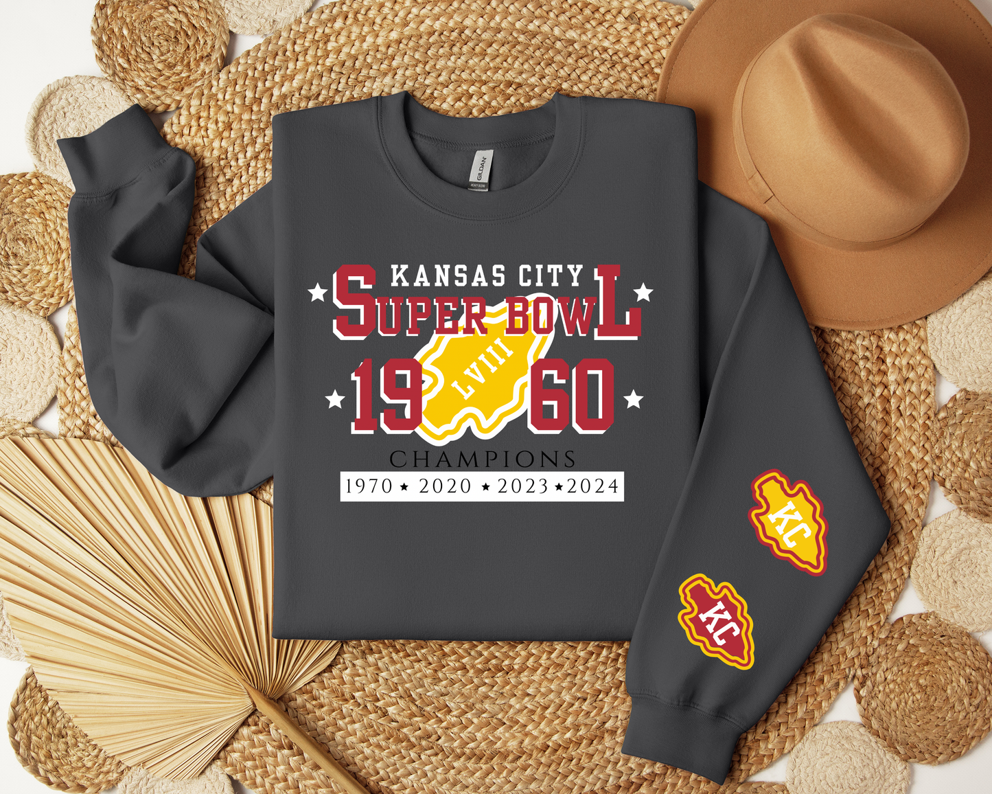 Kanas City Super Bowl with Years Arrowhead Sleeve Detail Charcoal Sweatshirt