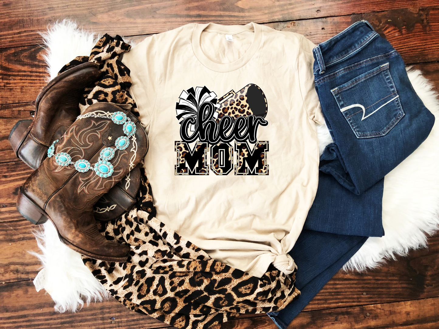 Leopard Cheer Mom Ivory Tee