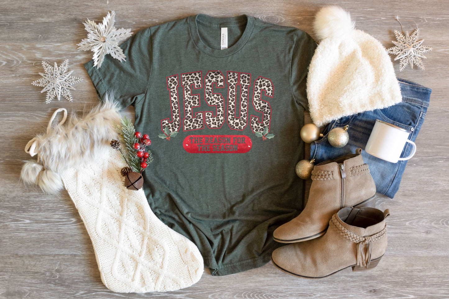 Jesus Leopard Reason For The Season Green Tee