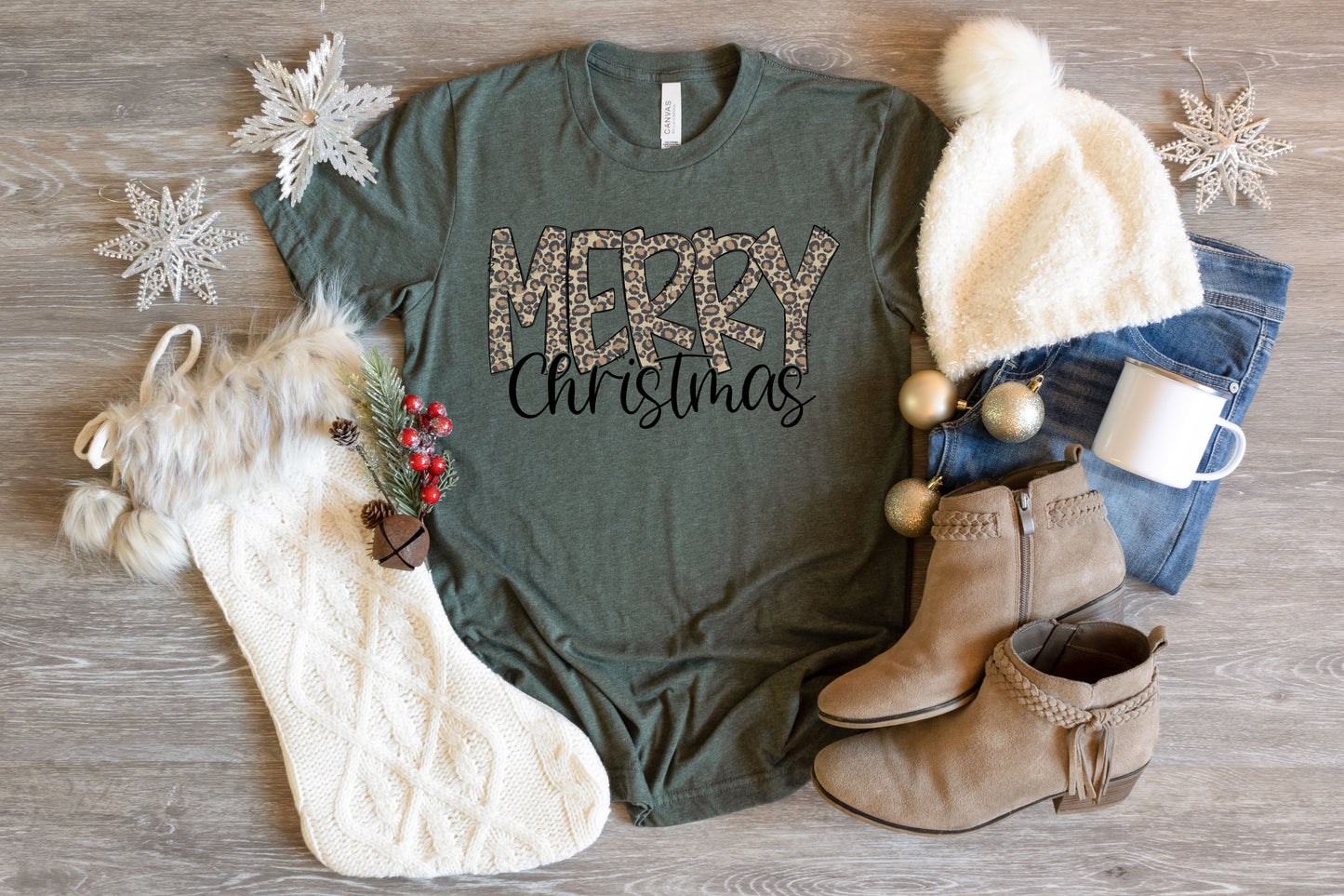 Leopard Merry Christmas Heather Forest Tee