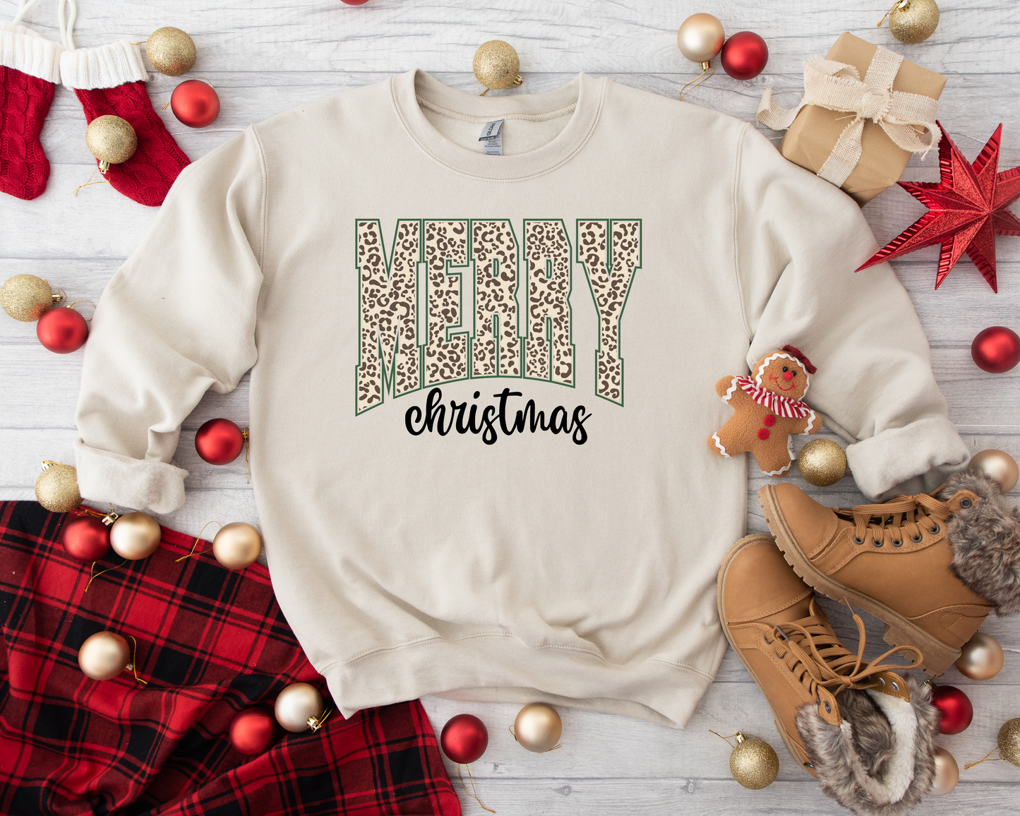 Leopard Merry Green Outline Christmas Sand Sweatshirt