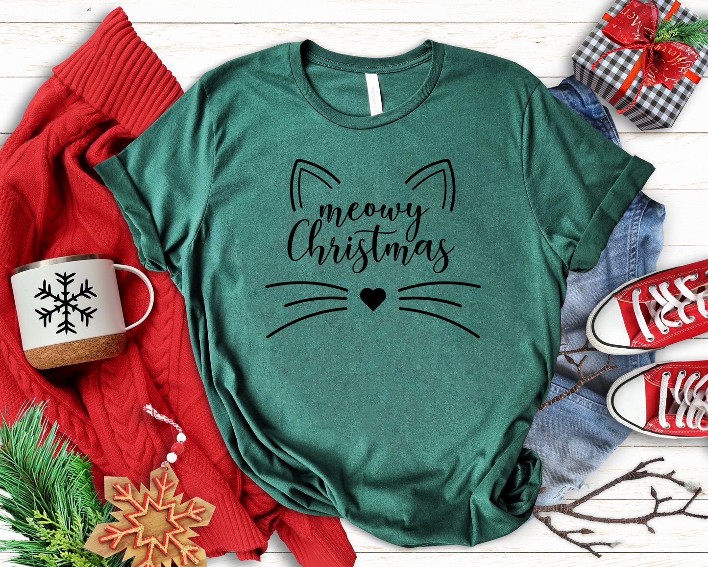 Meowy Christmas Green Tee