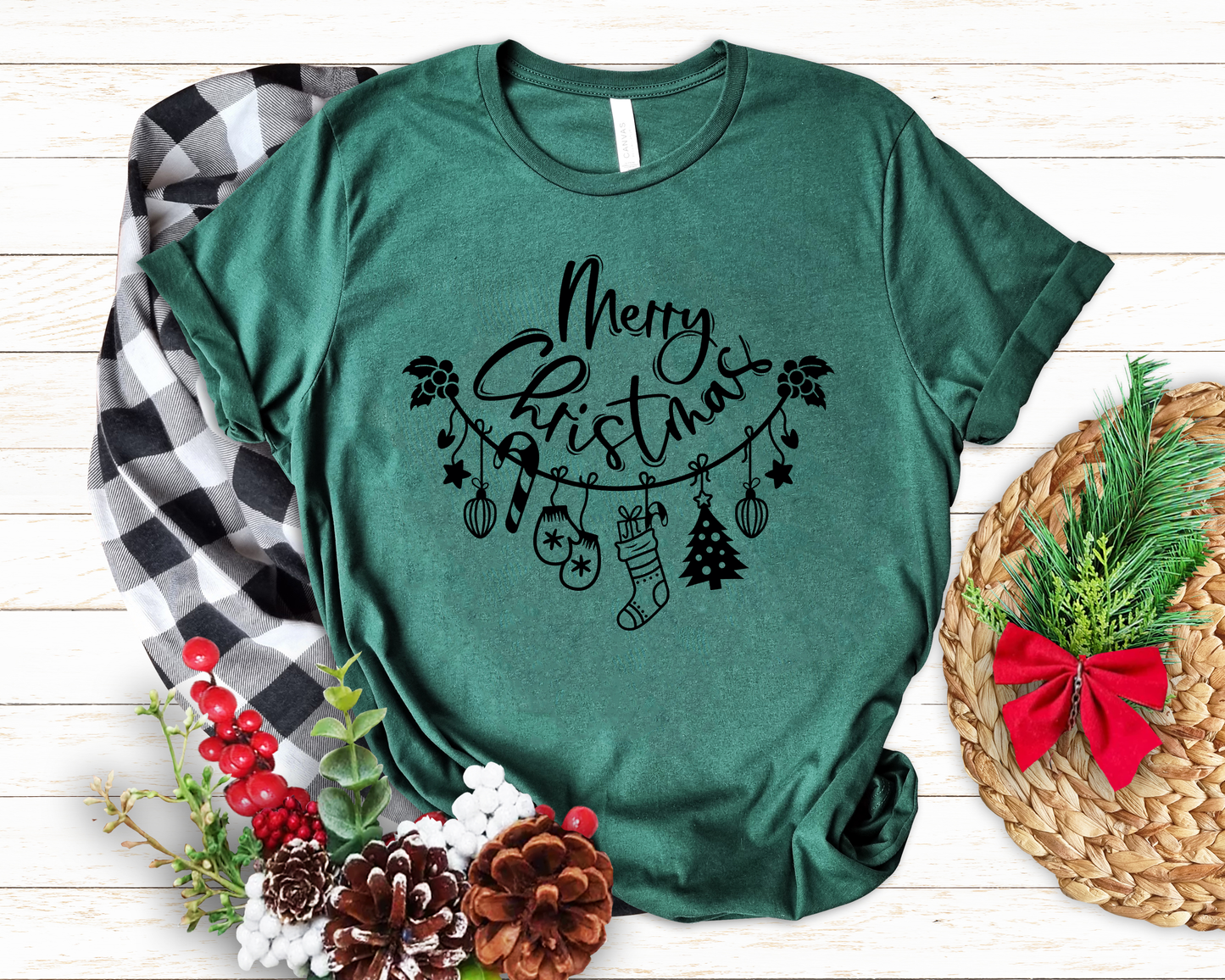 Merry Christmas Clothes Line of Ornaments Forest Green Tee