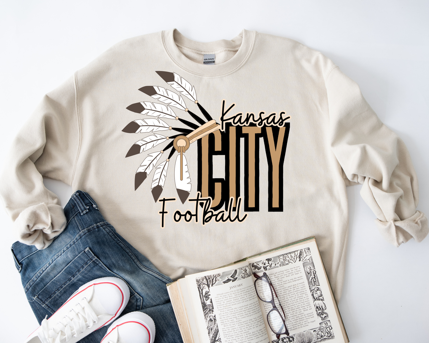 ***HALFTIME HAUL*** Natural Kansas City Football Headdress Sand Sweatshirt