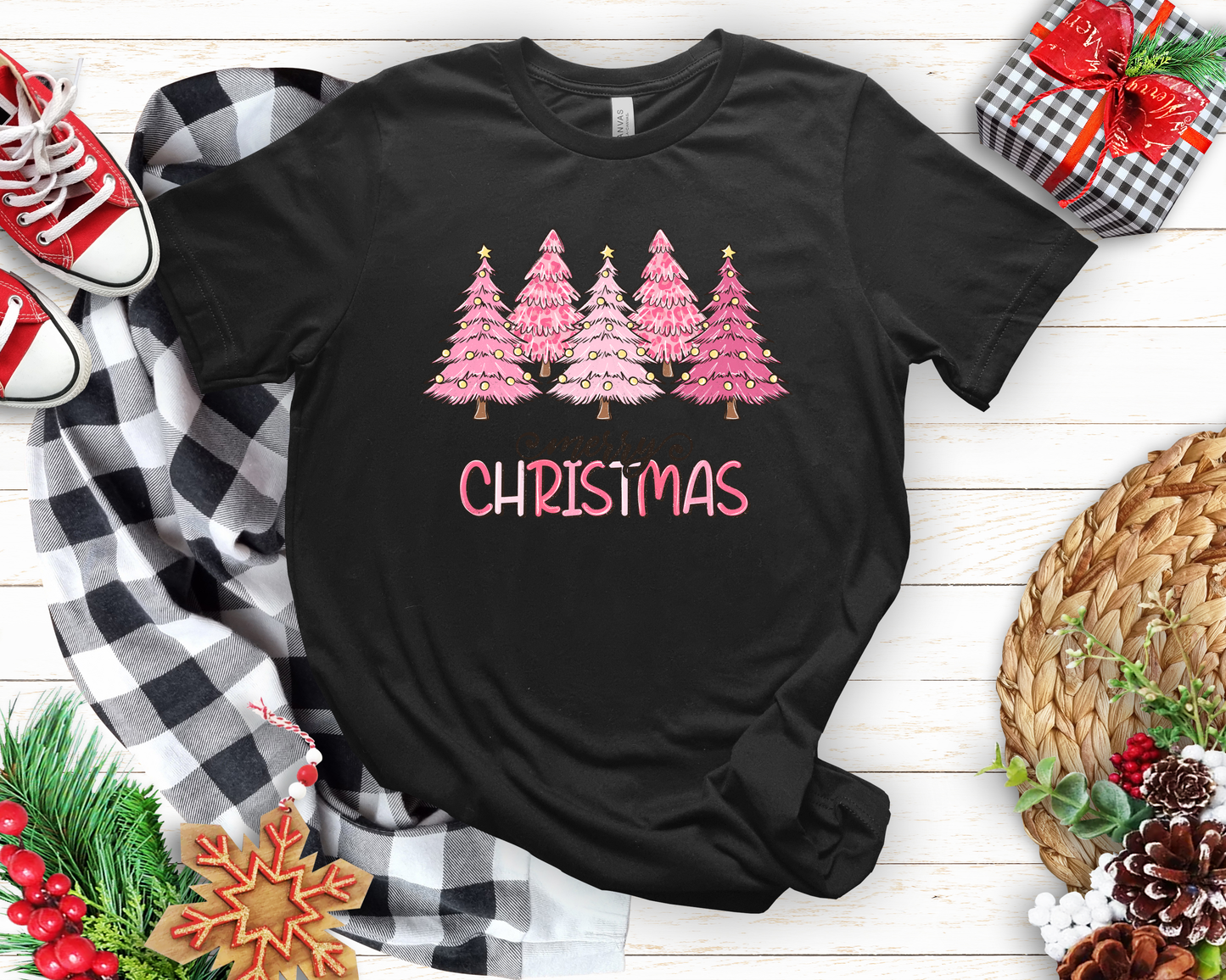 Pink Christmas Trees Black Tee