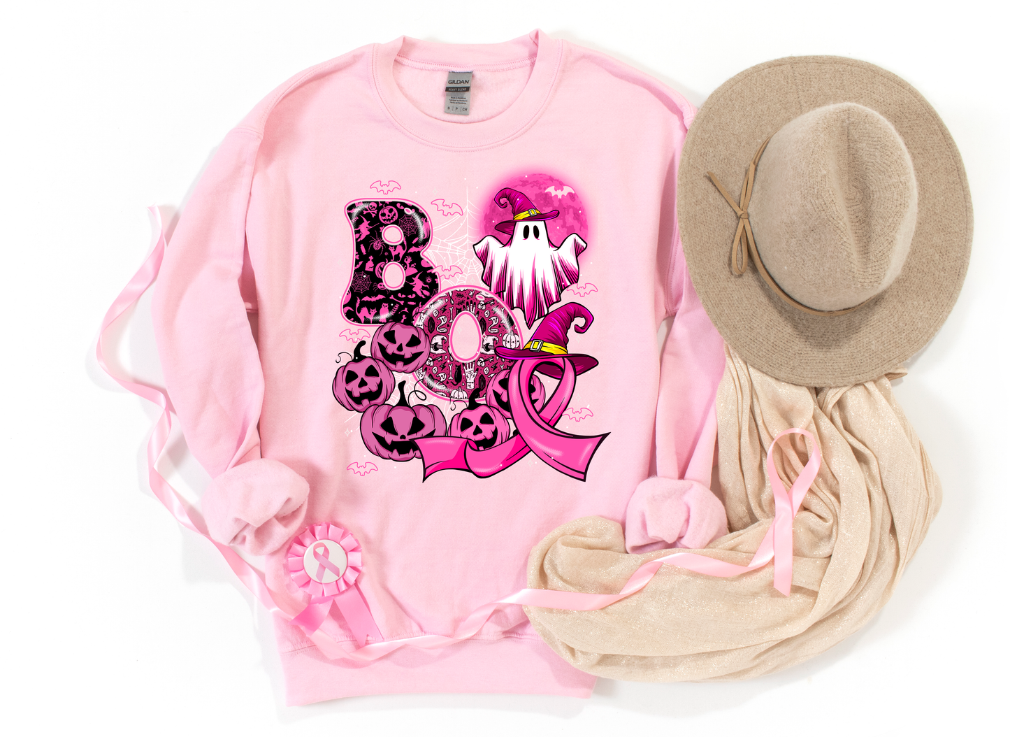 Boo Pink & Black Ghost & Pumpkins Light Pink Sweatshirt
