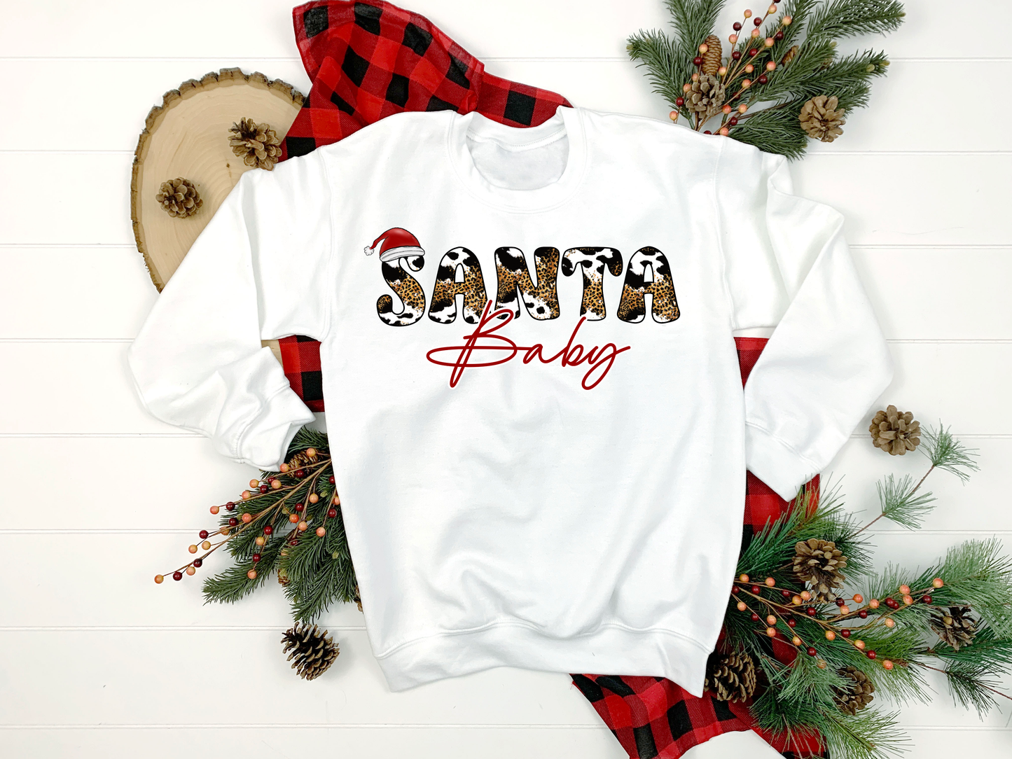 Cow and Leopard Print Santa Baby White Sweatshirt