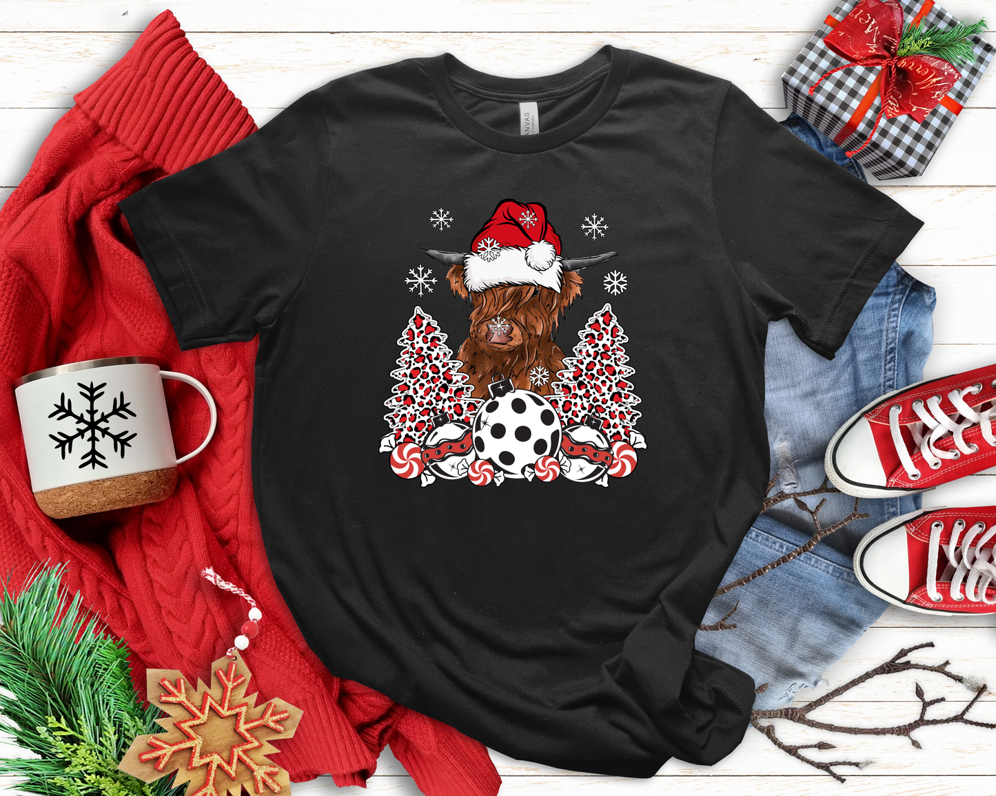 Santa Cow Red Leopard Trees Black Tee
