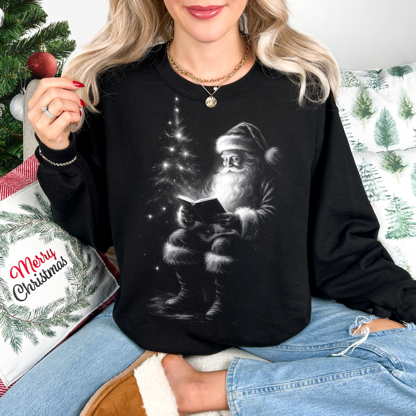 Santa Reading Book Black Sweatshirt