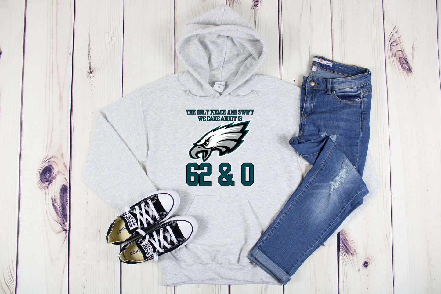 The Only Kelce & Swift We Care About is 62 & 0 Ash Hoodie