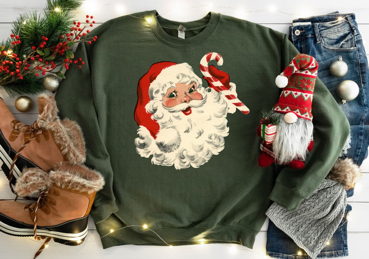 Vintage Santa with Candy Cane Military Green Sweatshirt