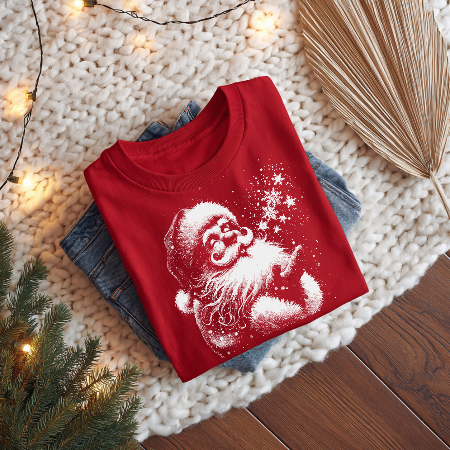 White Santa Blowing Snowflakes Red Tee