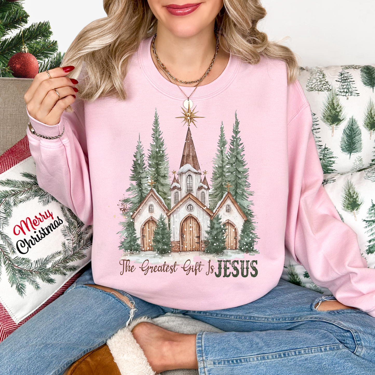 The Greatest Gift Is Jesus Light Pink Sweatshirt
