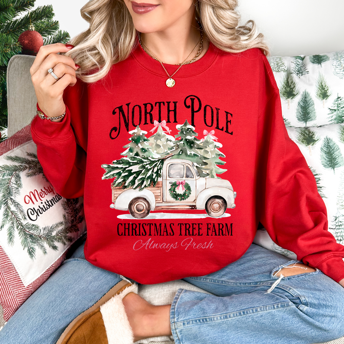 White Truck Christmas Tree Farm Red Sweatshirt