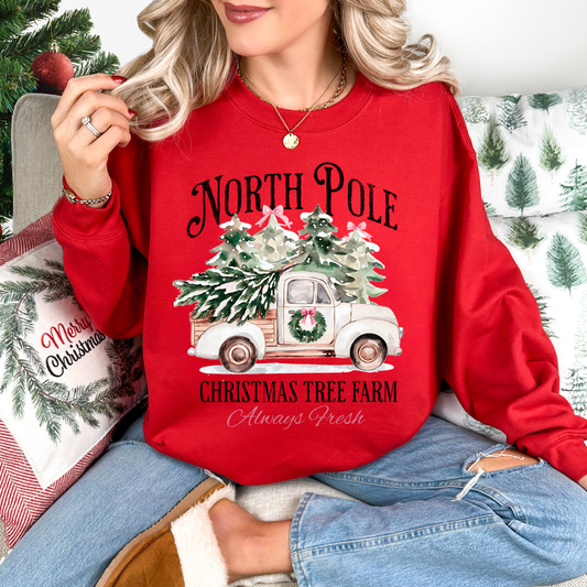 White Truck Christmas Tree Farm Red Sweatshirt