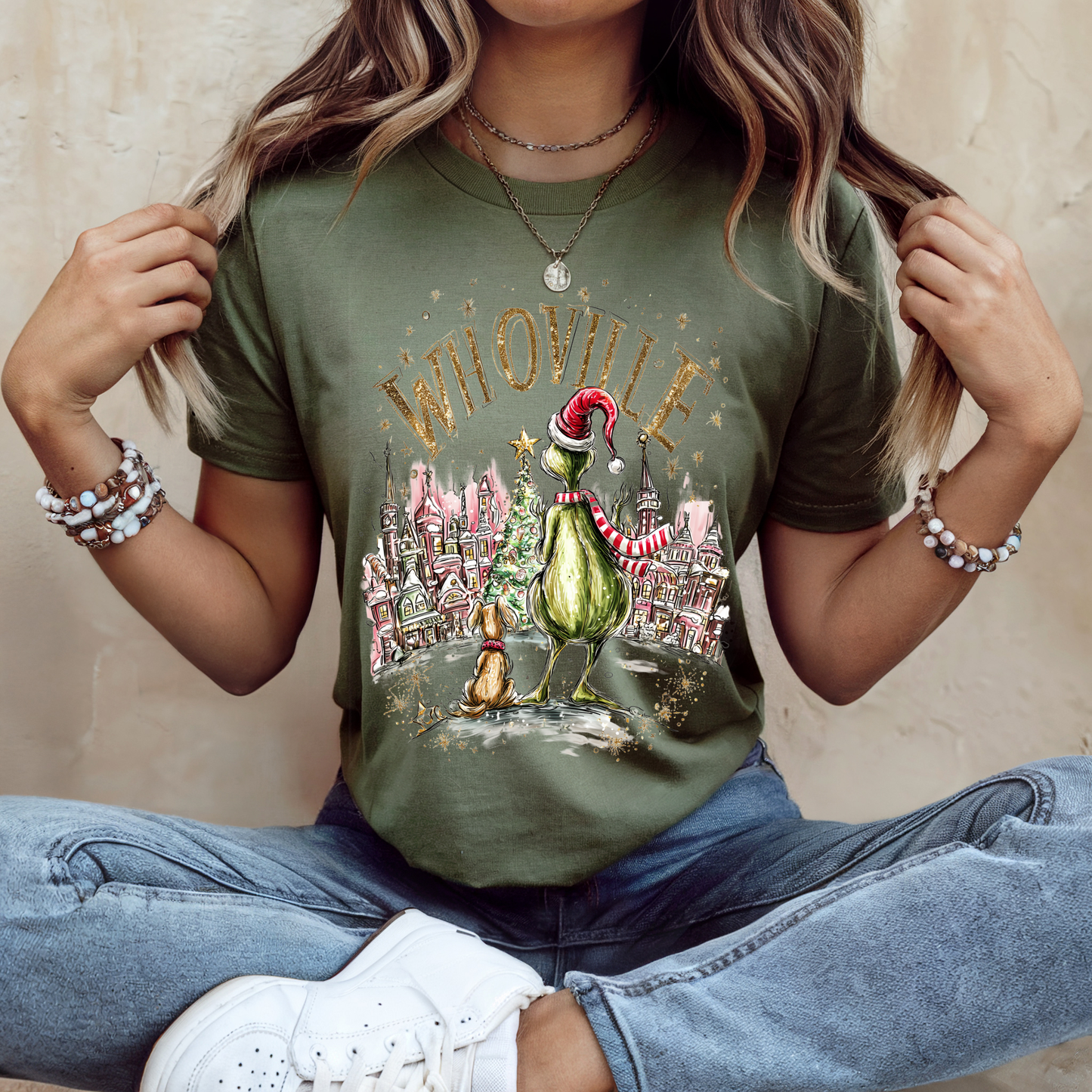 Whoville Green Man and Dog Military Green Tee