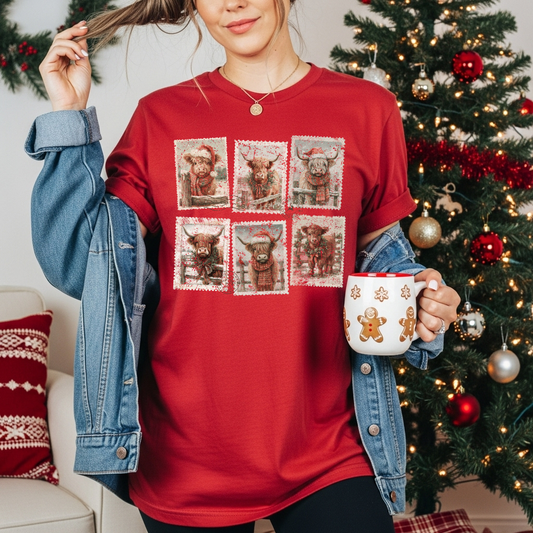 6 Highland Cow Stamps Red Tee