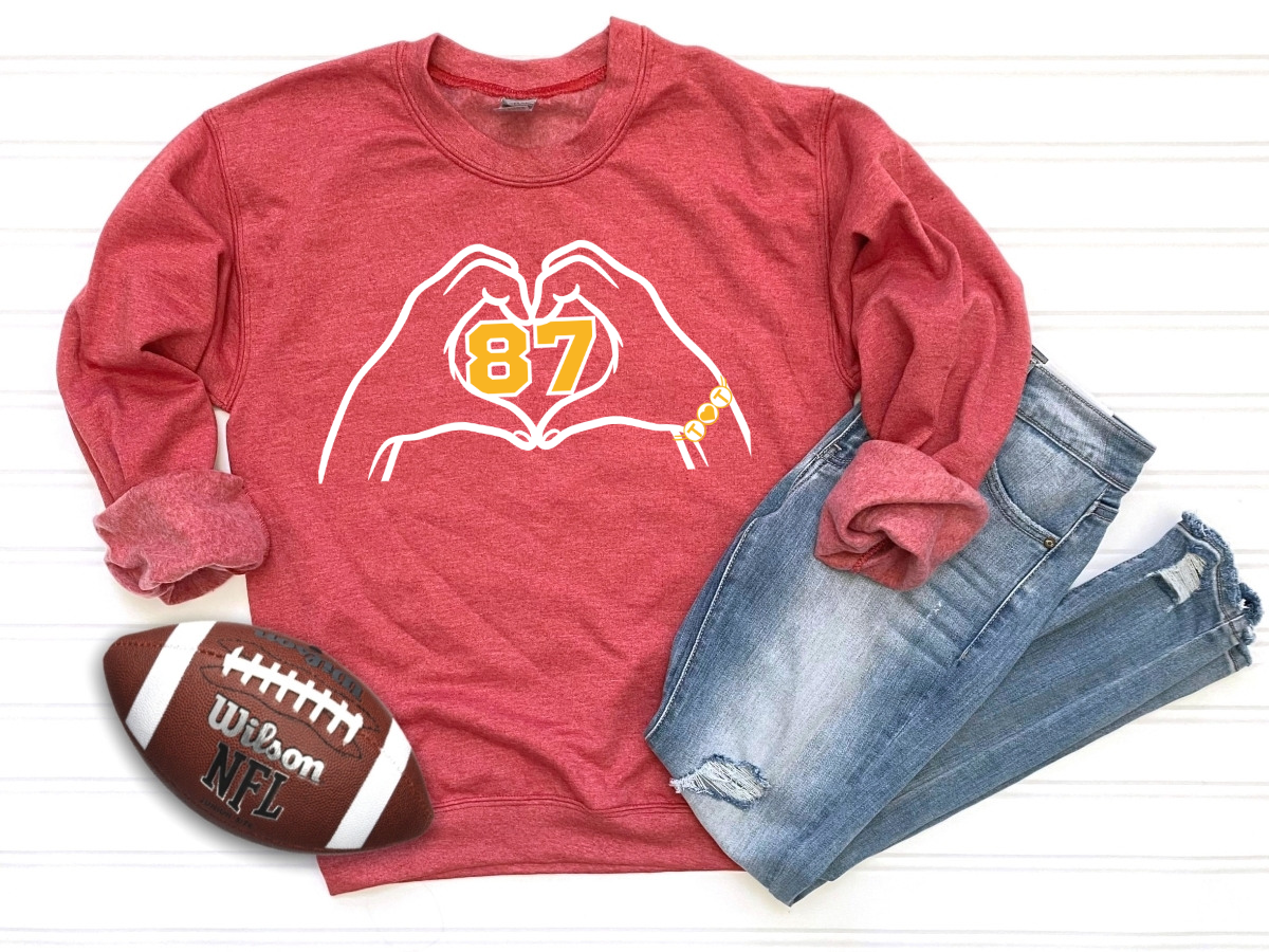 87 Heart Hands Heather Red Sweatshirt Adult & Red Youth