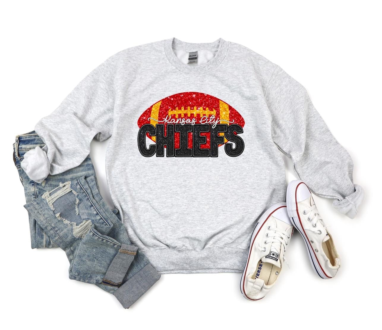 Faux Sequin Football Black Chiefs Ash Sweatshirt