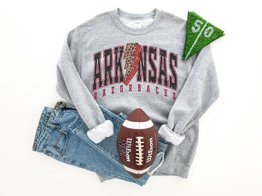 Arkansas Razorbacks Leopard Lightning Bolt Athletic Gray Sweatshirt