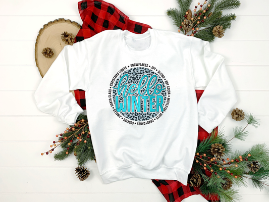 Blue Hello Winter Leopard Circle White Sweatshirt
