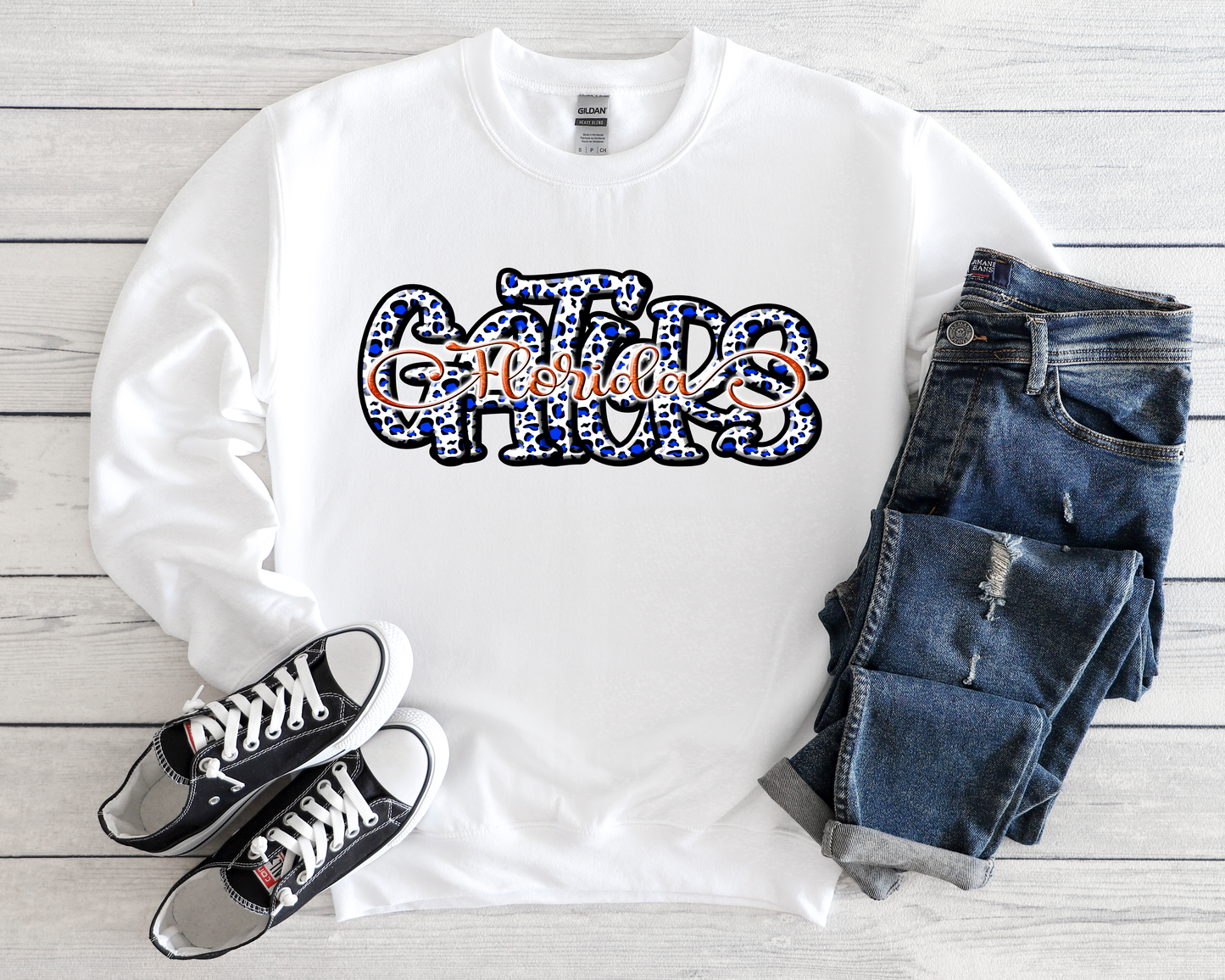 Blue Leopard Gators Orange Florida White Sweatshirt