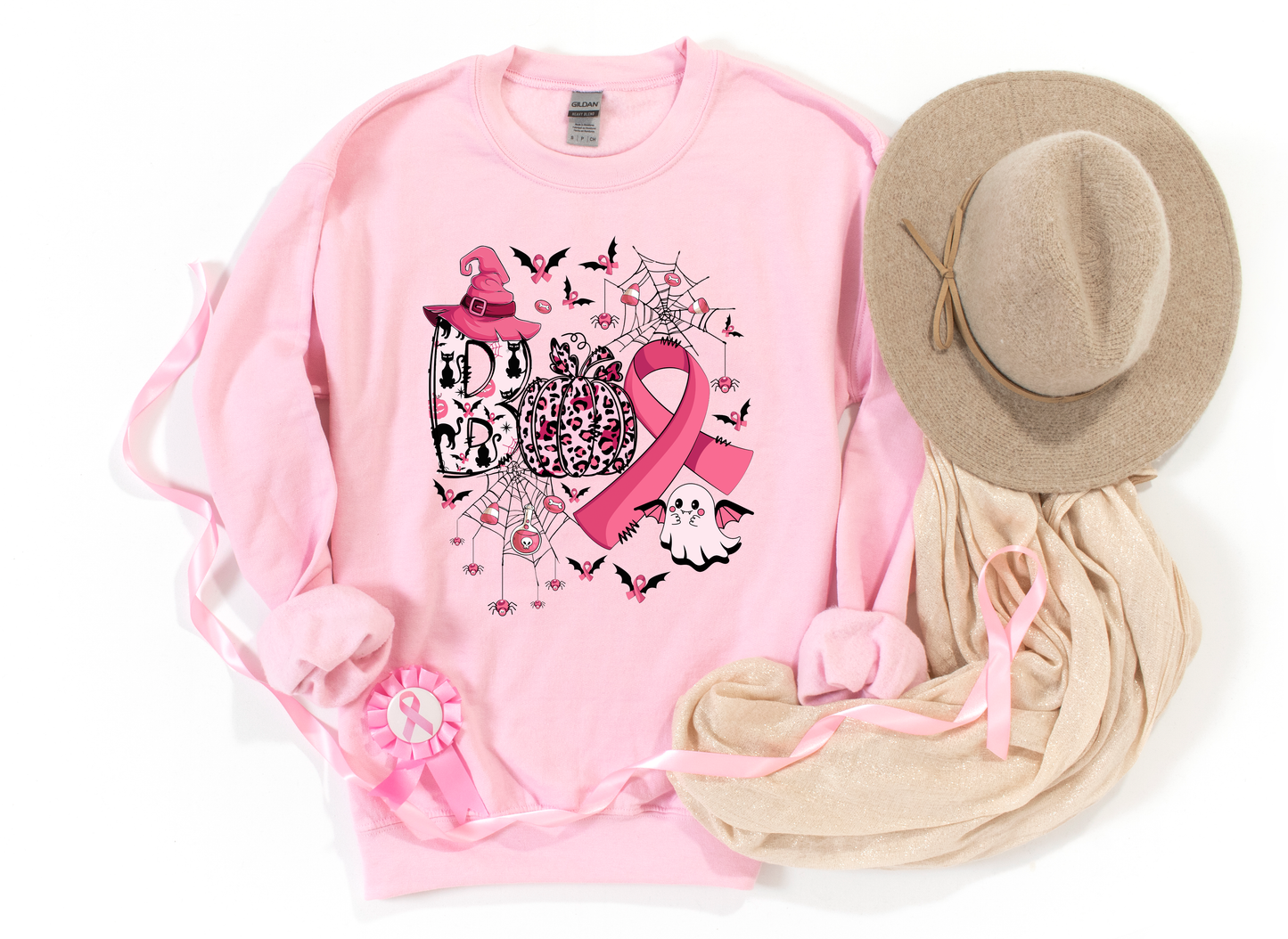 Boo Pink Leopard Pumpkin Breast Cancer Awareness Light Pink Sweatshirt
