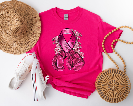 Breast Cancer Ribbon Boxing Gloves Dark Pink Tee