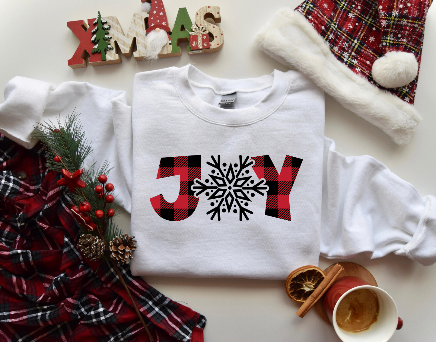 Buffalo Plaid Joy With Snowflake White Sweatshirt
