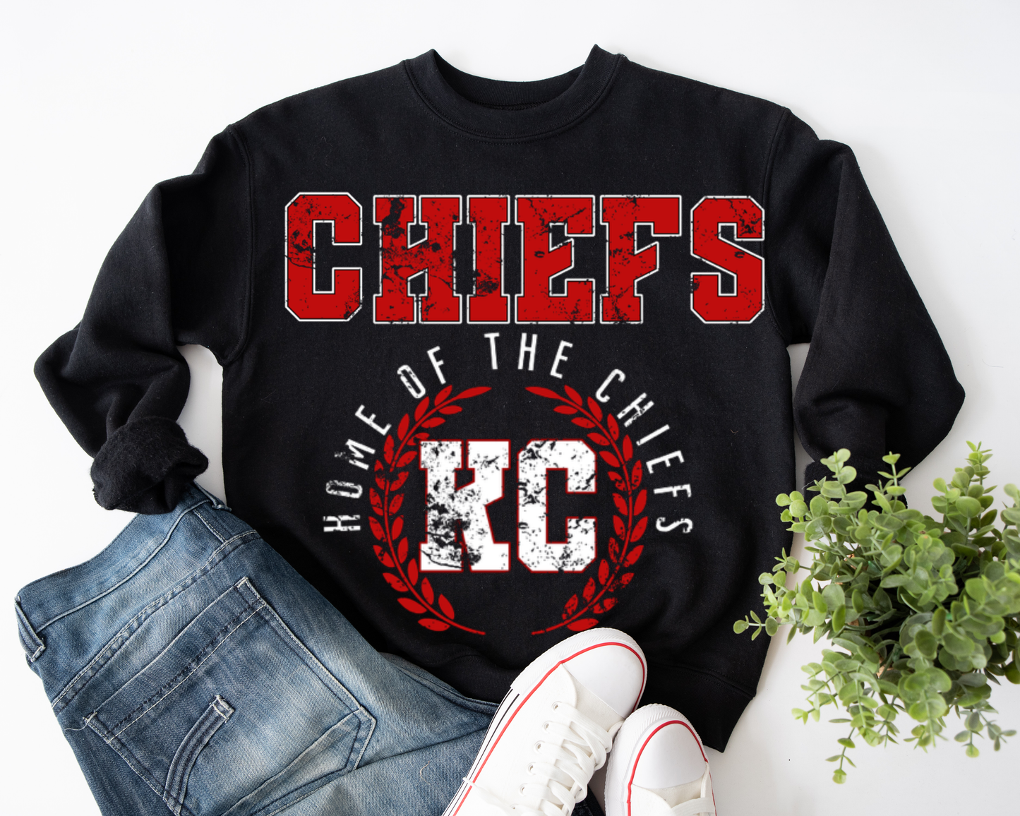 Red C H I E F S Sleeve to Sleeve with Wreath KC Black Sweatshirt