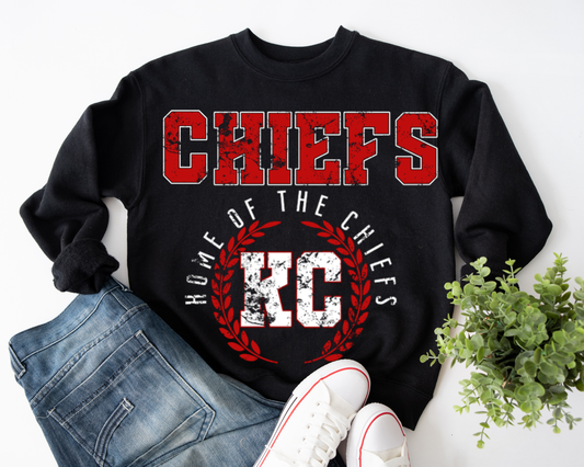 Red C H I E F S Sleeve to Sleeve with Wreath KC Black Sweatshirt