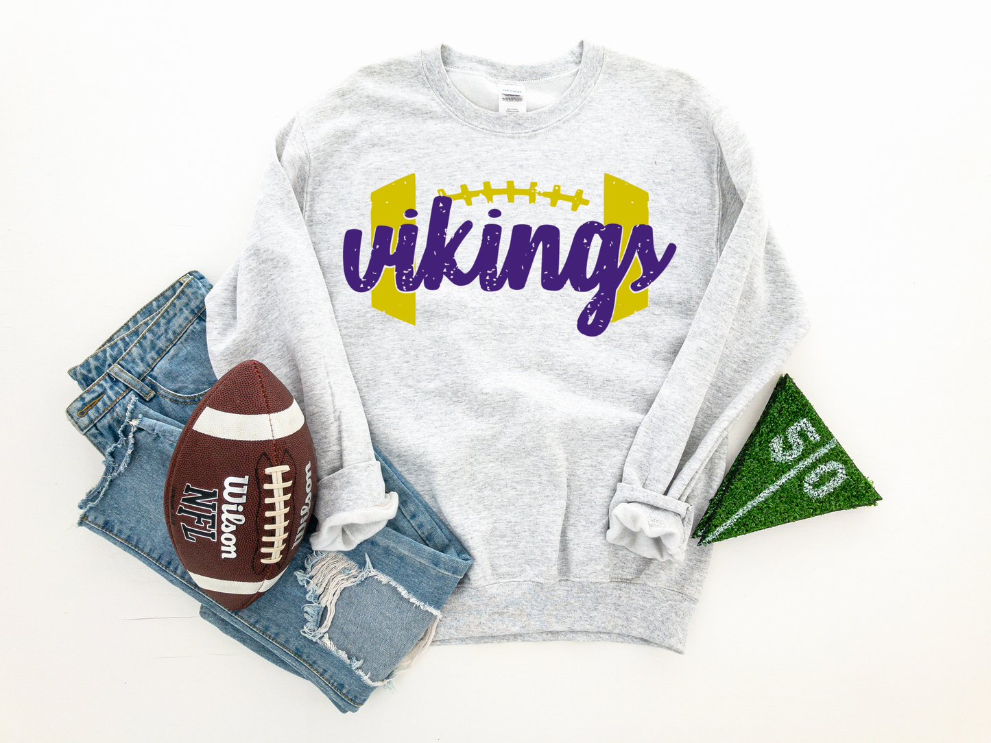 ***HALFTIME HAUL*** Distressed Purple Vikings Yellow Football Outline Ash Sweatshirt