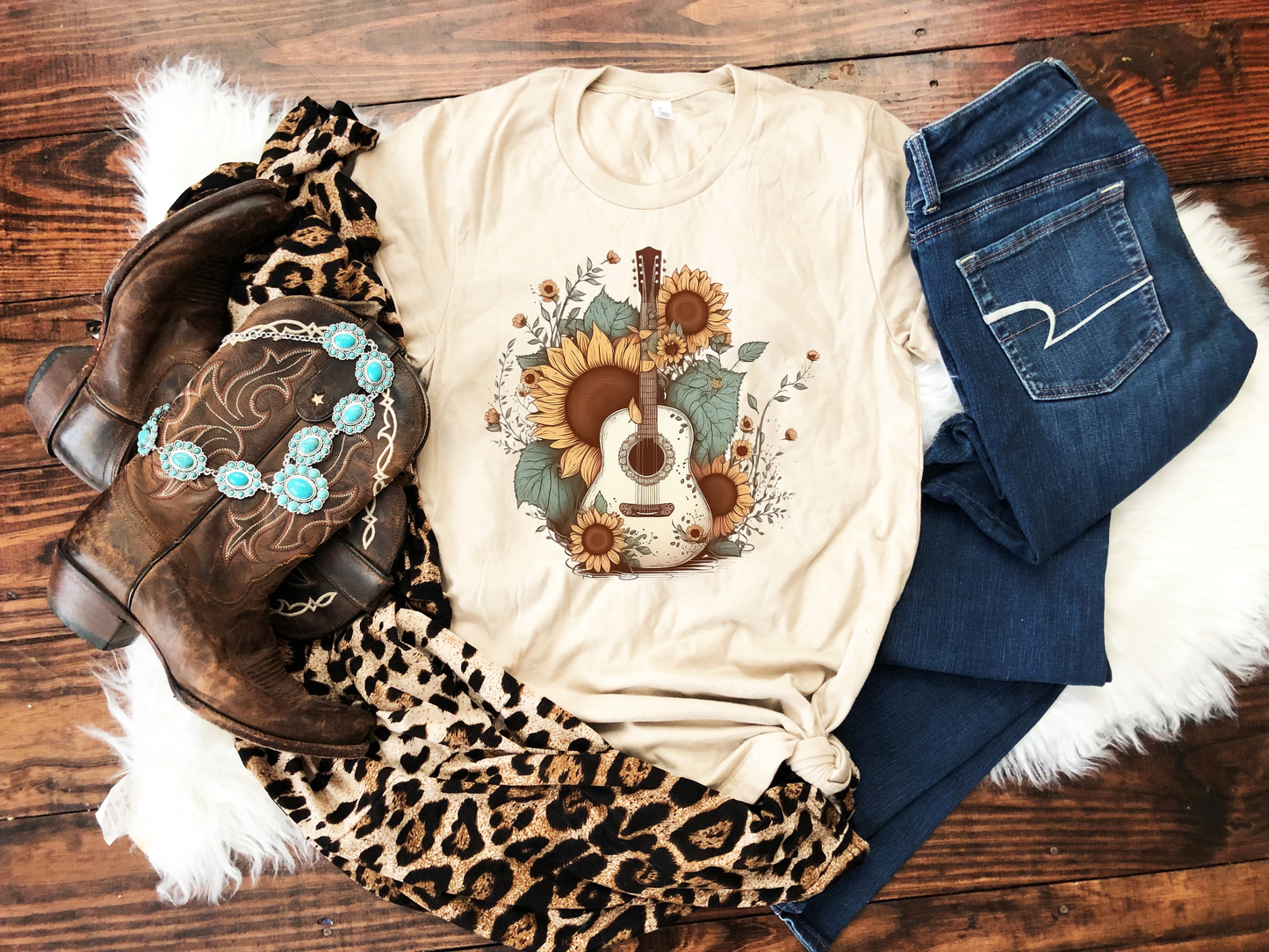 Fall Guitar Sunflowers Ivory Tee