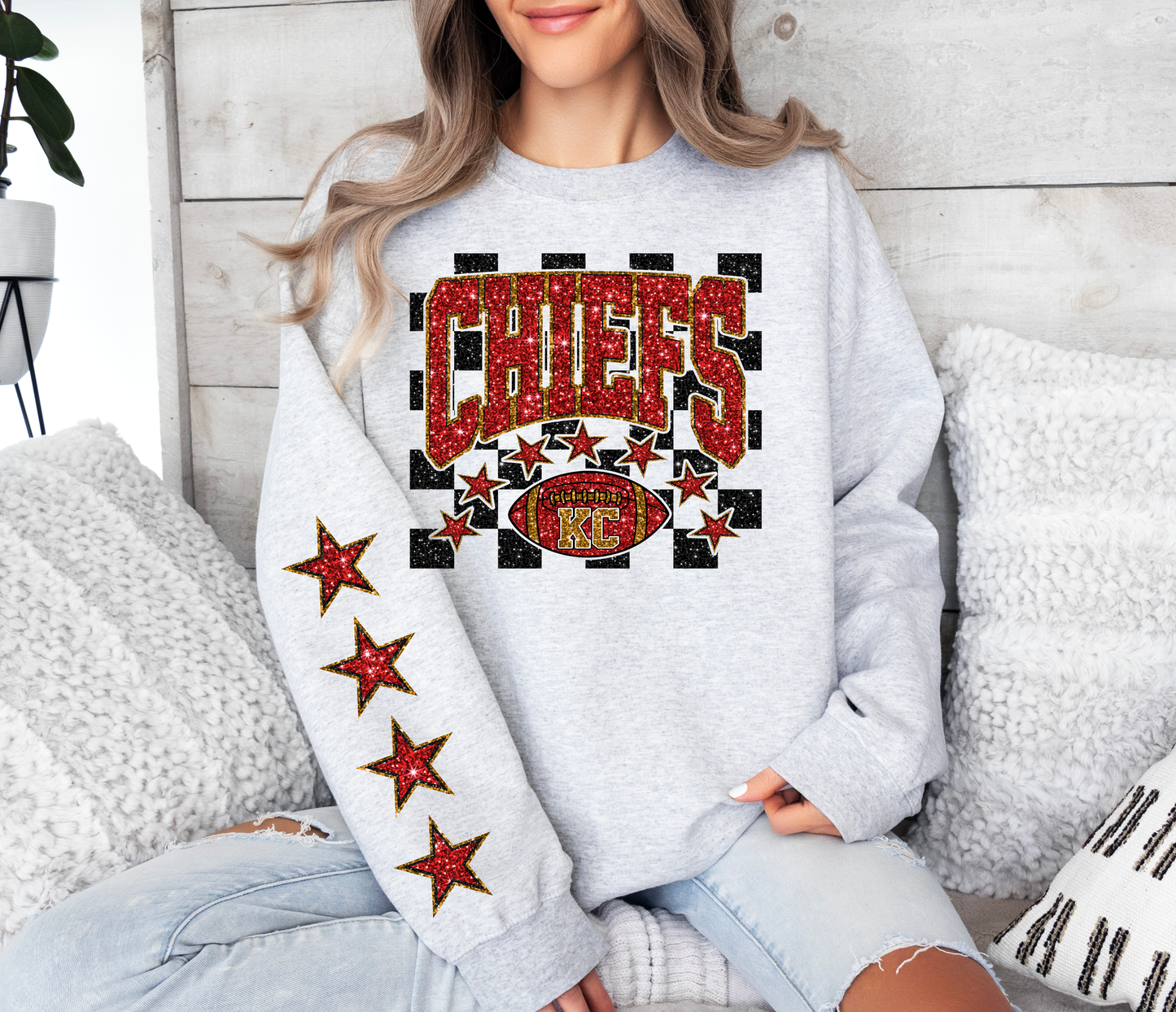 C H I E F S Faux glitter checkered with Star Sleeve Detail Ash Sweatshirt
