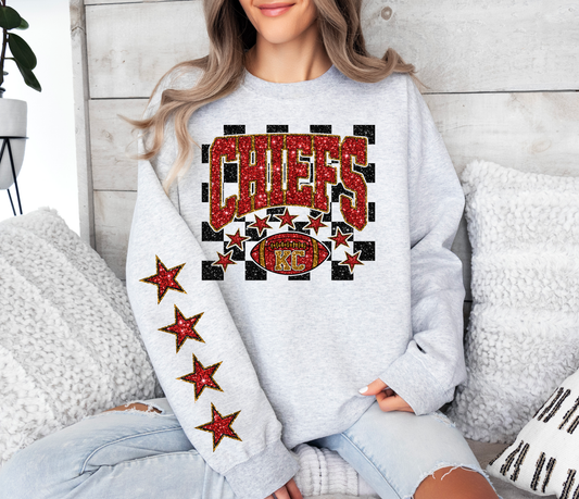 C H I E F S Faux glitter checkered with Star Sleeve Detail Ash Sweatshirt