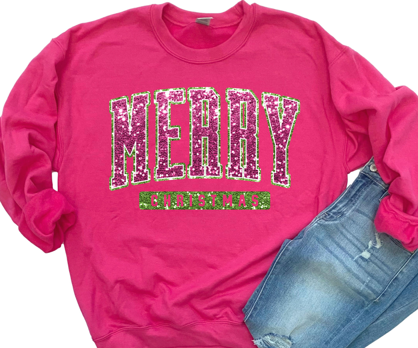 Faux Sequin Merry Christmas Dark Pink Sweatshirt