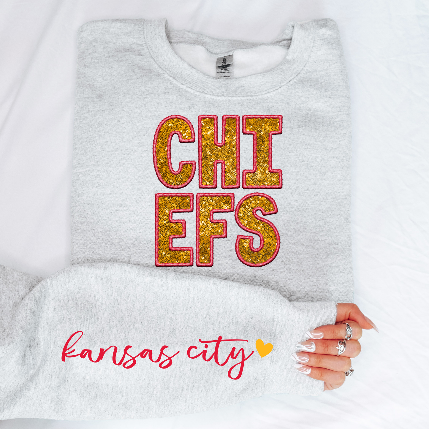 Faux Gold Sequins Chiefs Sleeve Detail Ash Sweatshirt