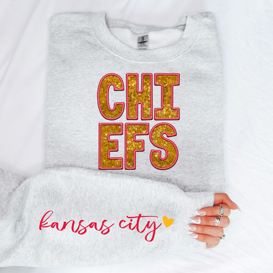 Faux Gold Sequins Chiefs Sleeve Detail Ash Sweatshirt