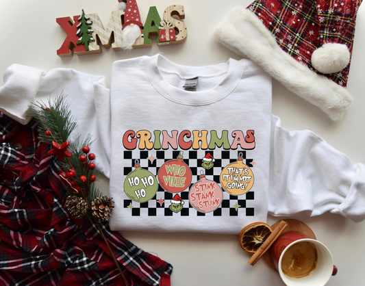 Grinchmas Checkered Back Ground White Sweatshirt